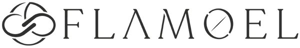 The brand logo for FLAMOEL, featuring a stylized interlocking circular emblem on the left and the brand name in a dark gray serif font on a solid white background.